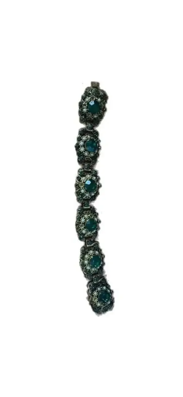 Vintage Florenza Victorian Link Bracelet with Green Rhinestones and Faux Pearls - Picture 1 of 2